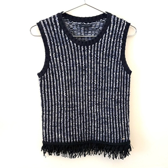 Sweaters - TOMMY HILFINGER Navy Frilly Knit Vest Top Striped Sleeveless Fringe